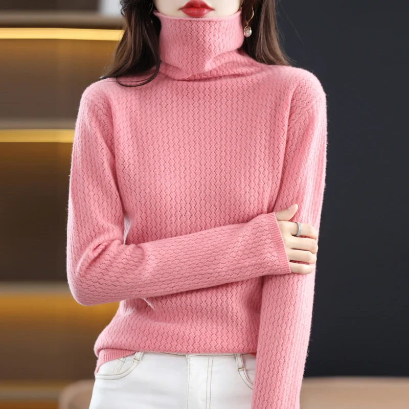 100% wool women's spring and autumn high-necked pullover cashmere sweater hollow knitting fashion solid color long-sleeved top