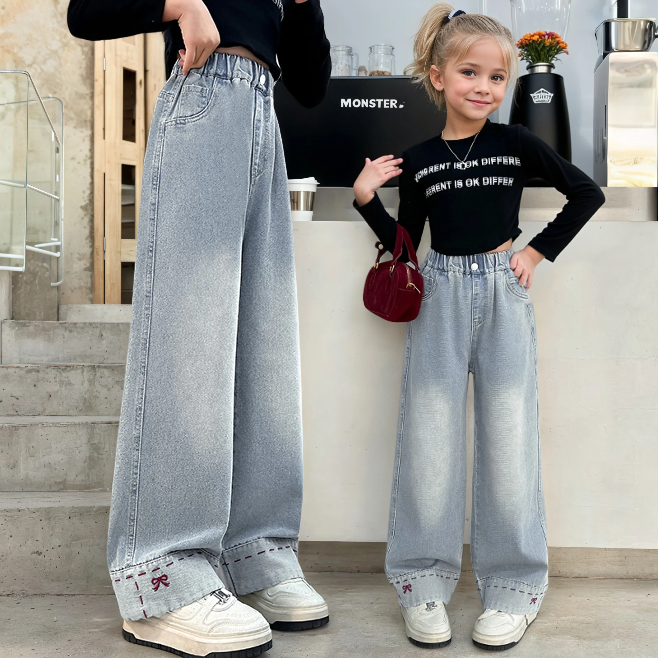 

Girls' feet butterfly 2025 new product fashionable and versatile medium and large children's wide-leg pants casual and fashion