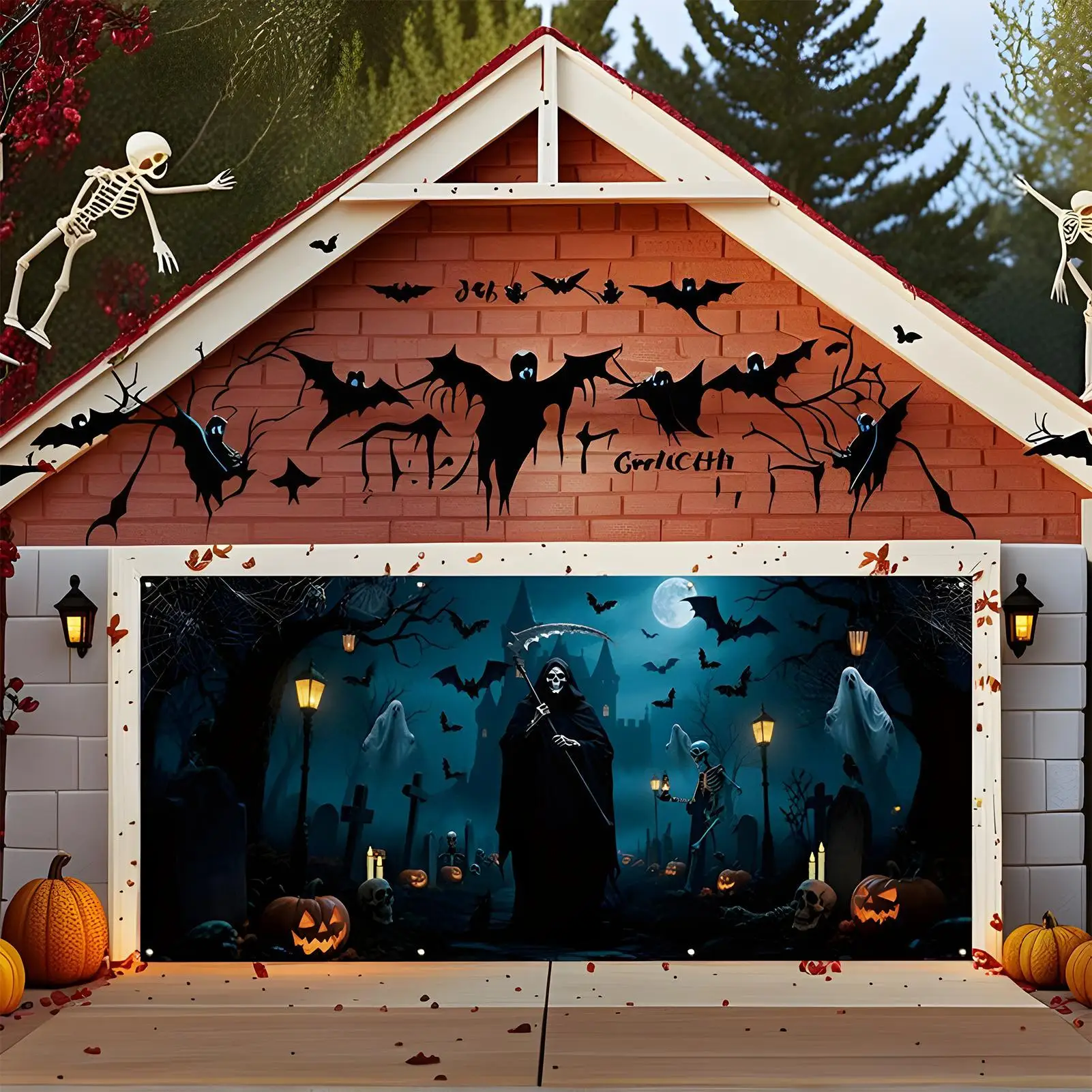 Garage Door Banner Hallowen Door Mural Wall Backdrop Hangable For Outdoor Home Holiday Party Lawn Yard Garden Photography