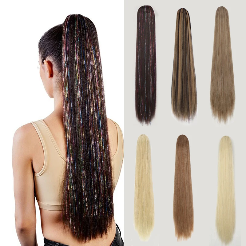 30inch Straight Drawstring Ponytail Hair Tinsel Extensions Synthetic Long Straight Clip in Pony Tail Black Fake Hair for Woman