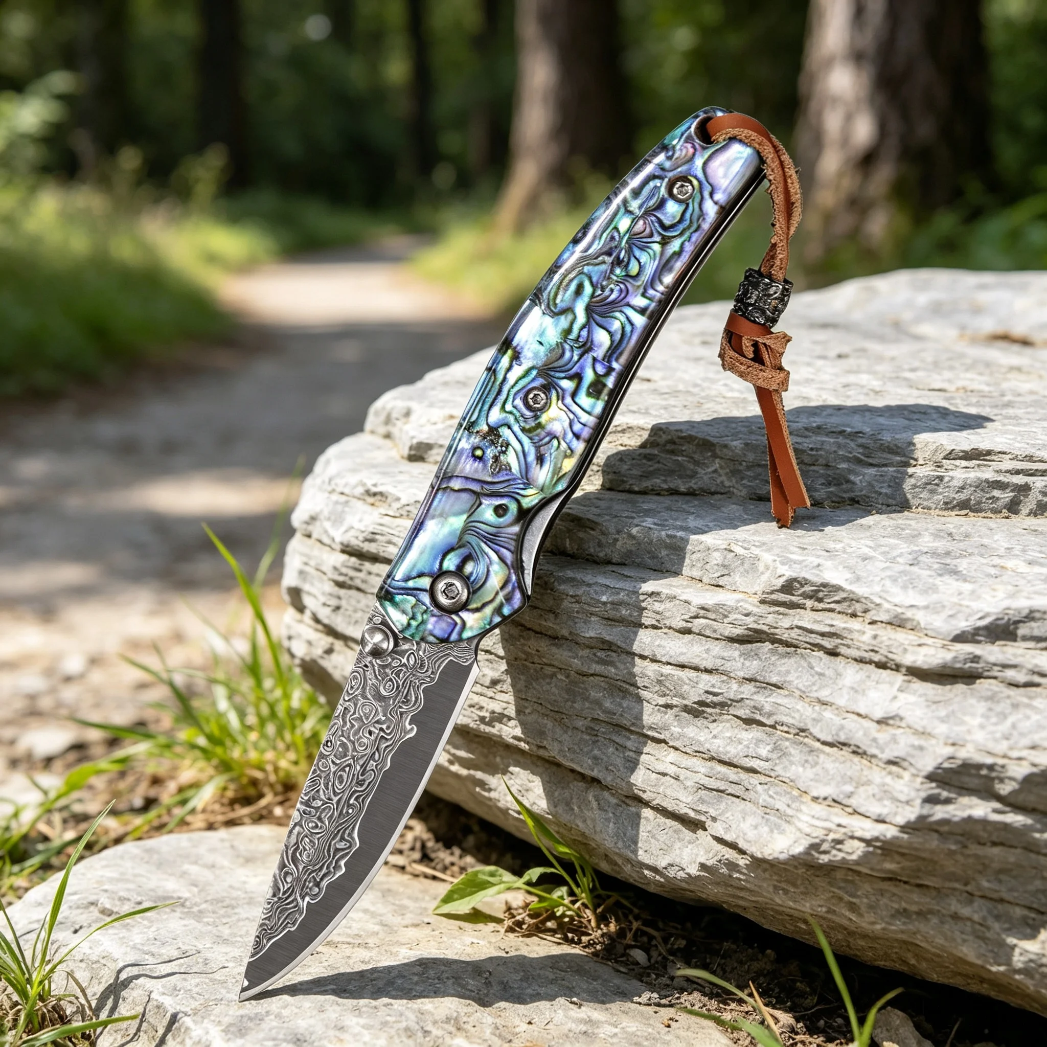 1PC,Damascus Folding Knife Leather Lanyard Folding Knife Camping EDC Folding Tool Portable Fruit & Vegetable Prep Pocket Knife