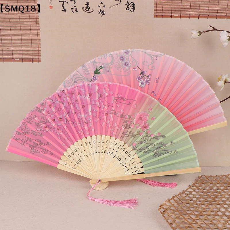 Vintage Printed Silk Folding Hand Fan Tassel Chinese Bamboo Fans Women Dance Performance Props Home Decoration Ornaments【SMQ】