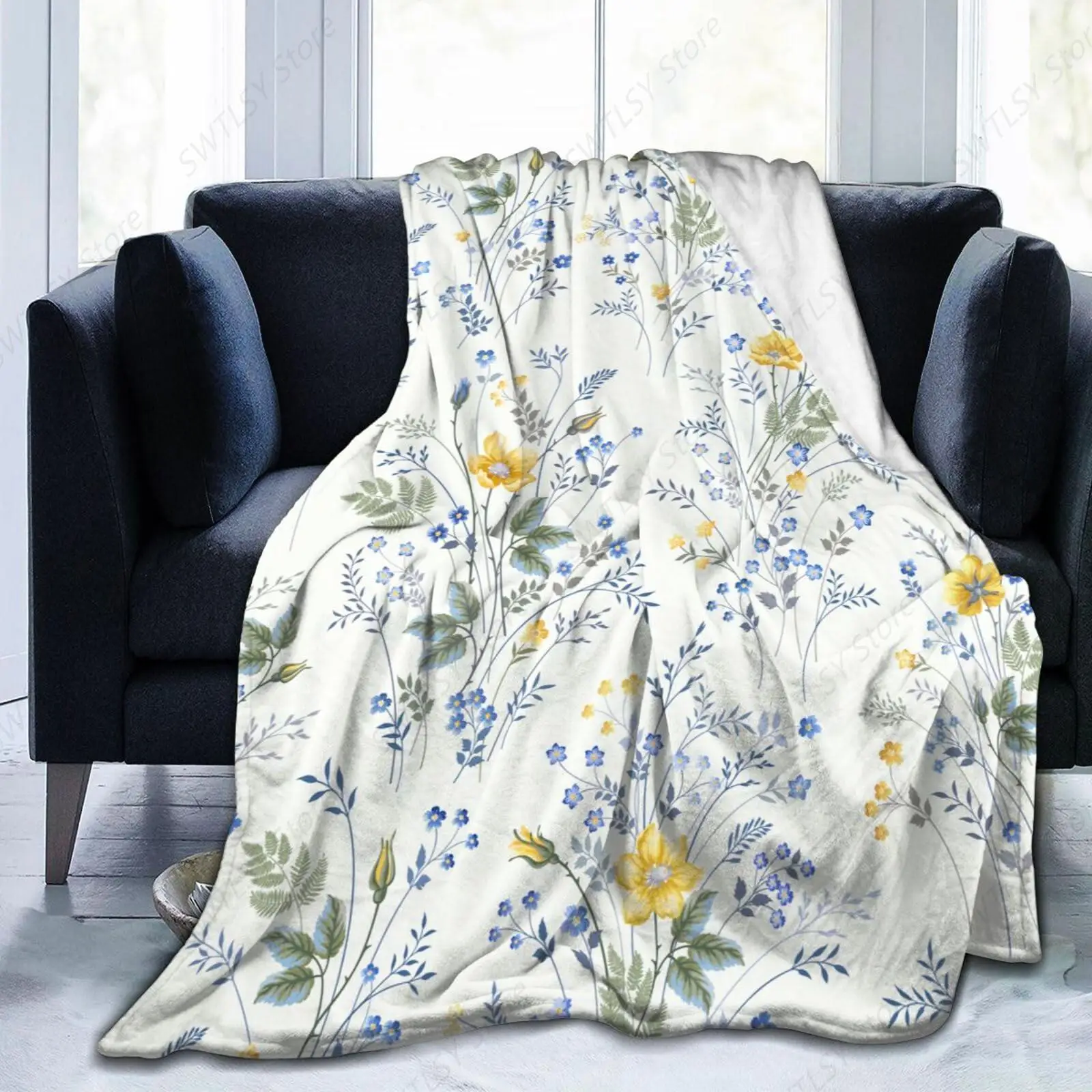 

Сине-желтое одеяло с цветочным принтом, мягкие одеяла, фланелевое покрывало для кровати, уютные легкие плюшевые подарки для женщин и девочек, диван, диван