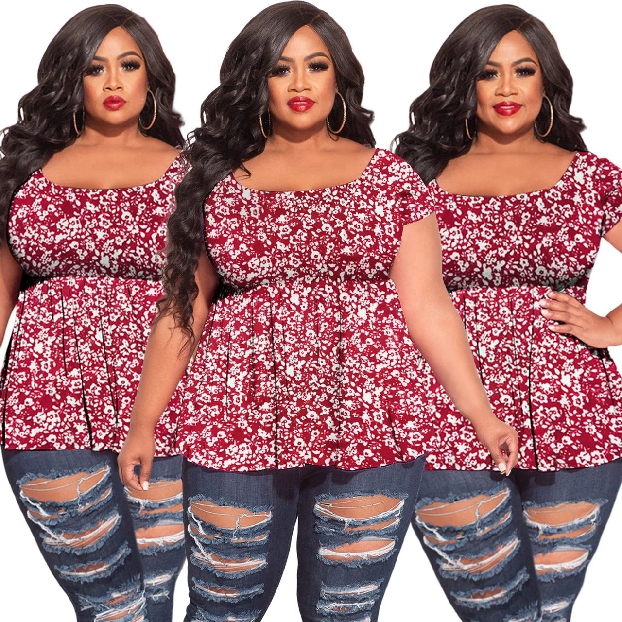 Vermelho floral impressão plus size t camisa roupas femininas solto pulôver senhoras manga curta topos casual wear verão 2022 por atacado