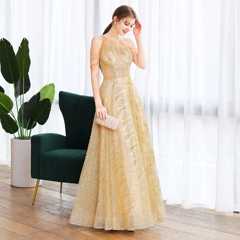 Clearance Sale Luxury Gold Evening Dress Sexy Halter Tassel Crystal Beading A-line Long Prom Formal Party Gowns Vestido De Noche