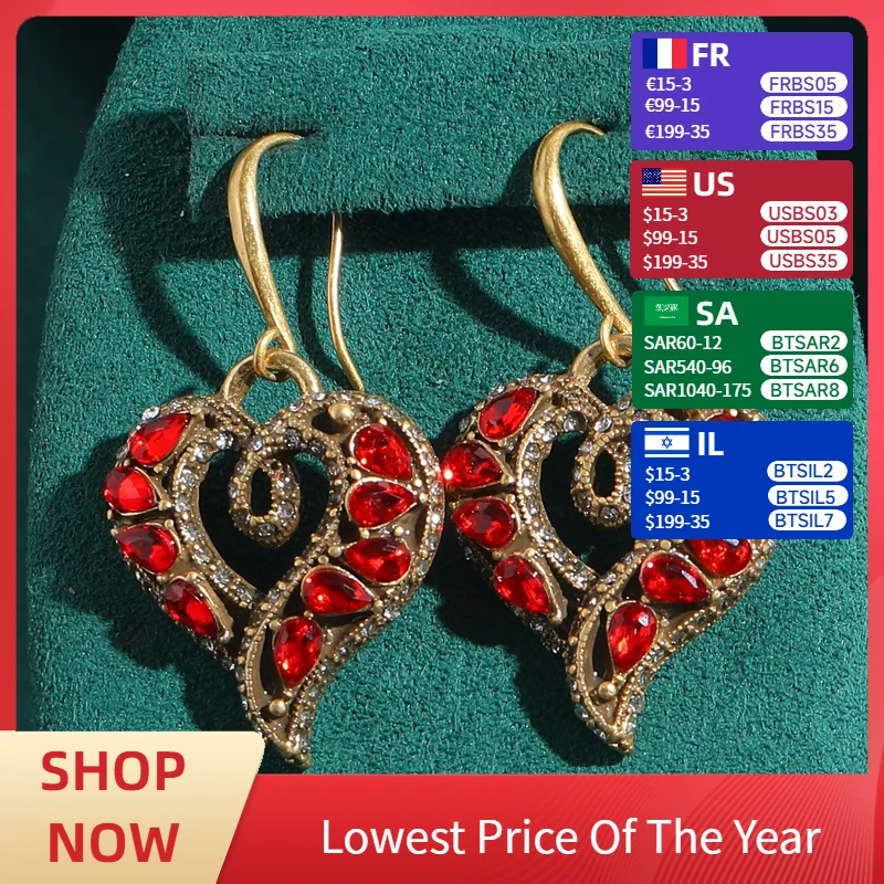 

Vintage Red Crystal Heart Earrings Designer Drop Woman Antique Jewelry Gold Color Luxury Brand Accessories New 2025 Item