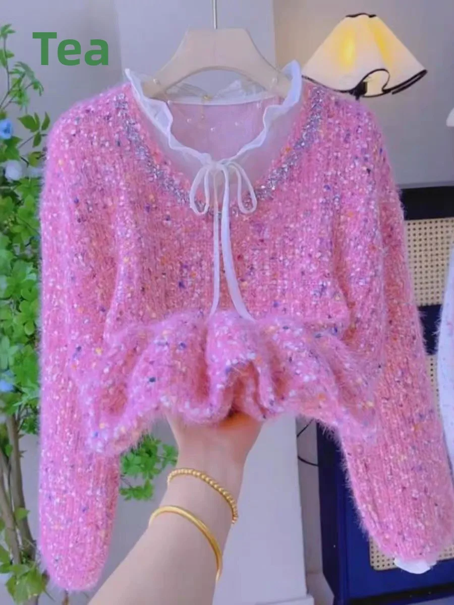 

Thiened Soft Rainbow Polka Dot Knitted Sweater Luxury Autumn Winter New Sle Glittering V-ne ort Length Warm Coat