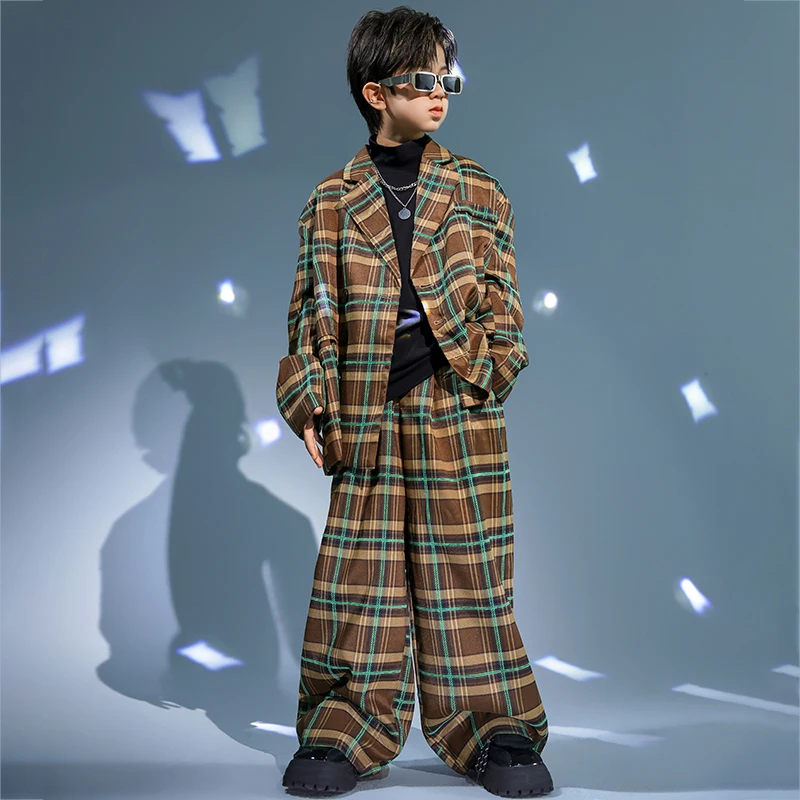 Kids Hip Hop Clothing Plaid Oversized Jacke Top Wide Casual Street Cargo Pants for Girl Boy Jazz Dance Costume Clothes Sets