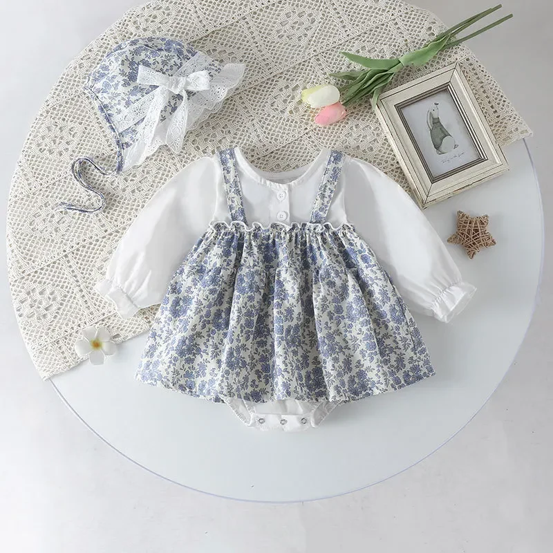 

Light Blue Floral Baby Bodysuit Princess Fake Two Piece Long Sleeve Spring Outfit Matching Lace Hat Soft Toddler Girl Clothes