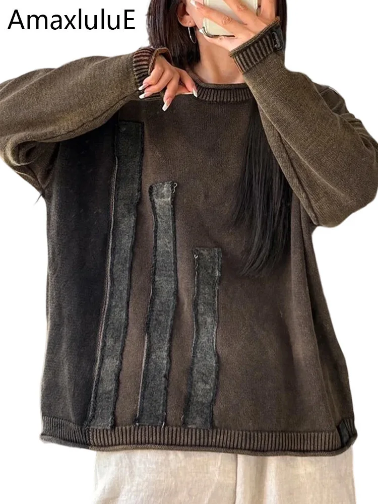 

Amax LuluE 2025 Winter Vintage Pullover Women Fashion Loose Denim Patchwork Sweaters Ladies Casual Oversized O Neck Warm Jumpers