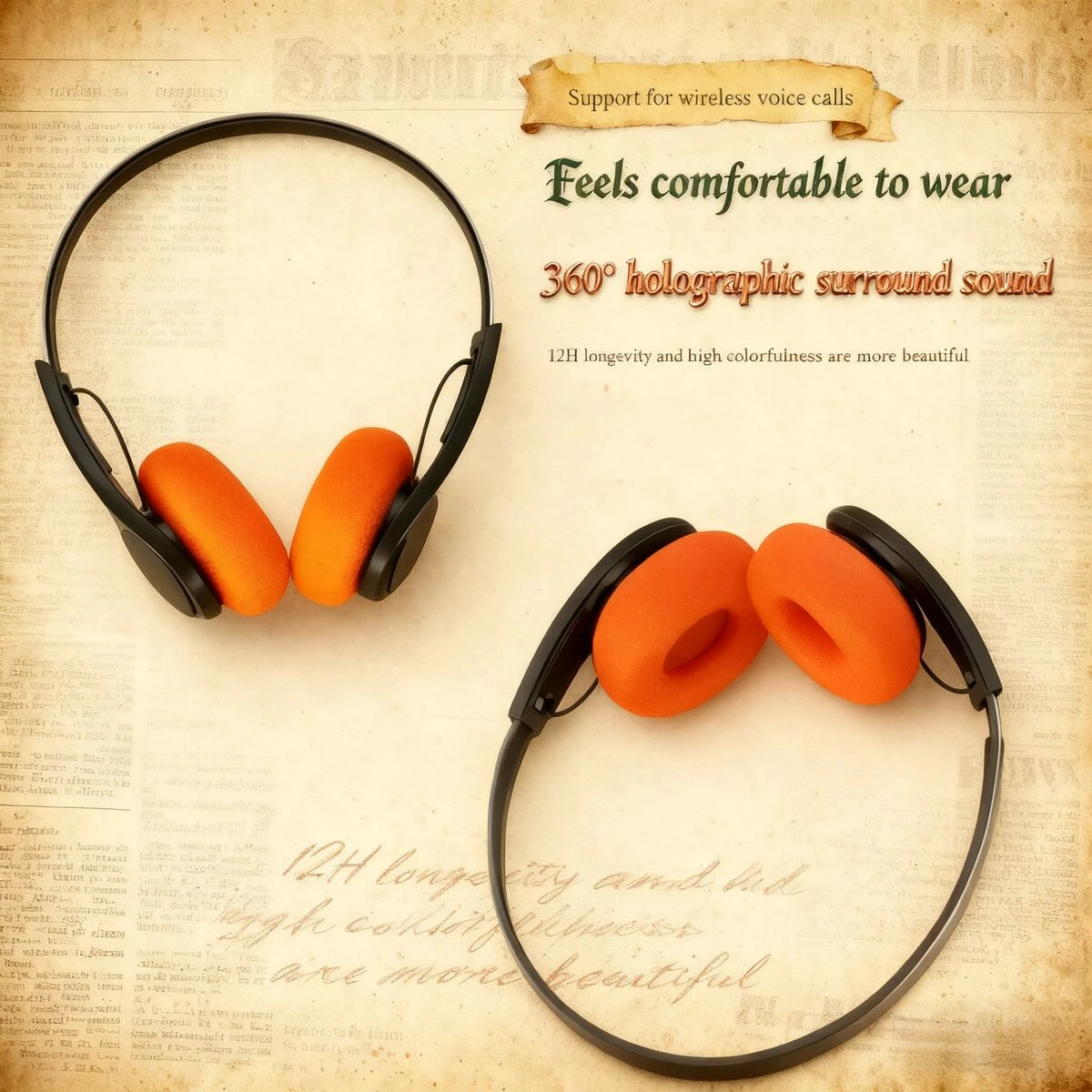 New Fashion Retro Style Bluetooth Wireless Head-Mounted Music Earphones HIFI Lightweight Portable Long Battery Life Game Earsets