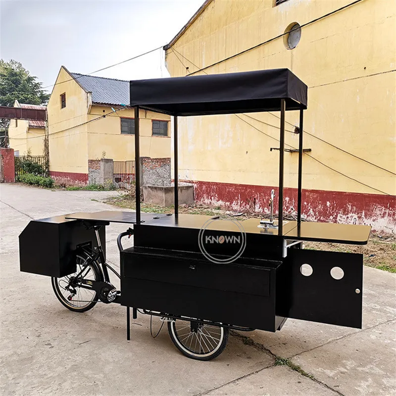 Customized Black Floding Coffee Bike Reverse Cycling Electric Cycle Adult Snacks Street Mobile Fast Food Carts Bicycle