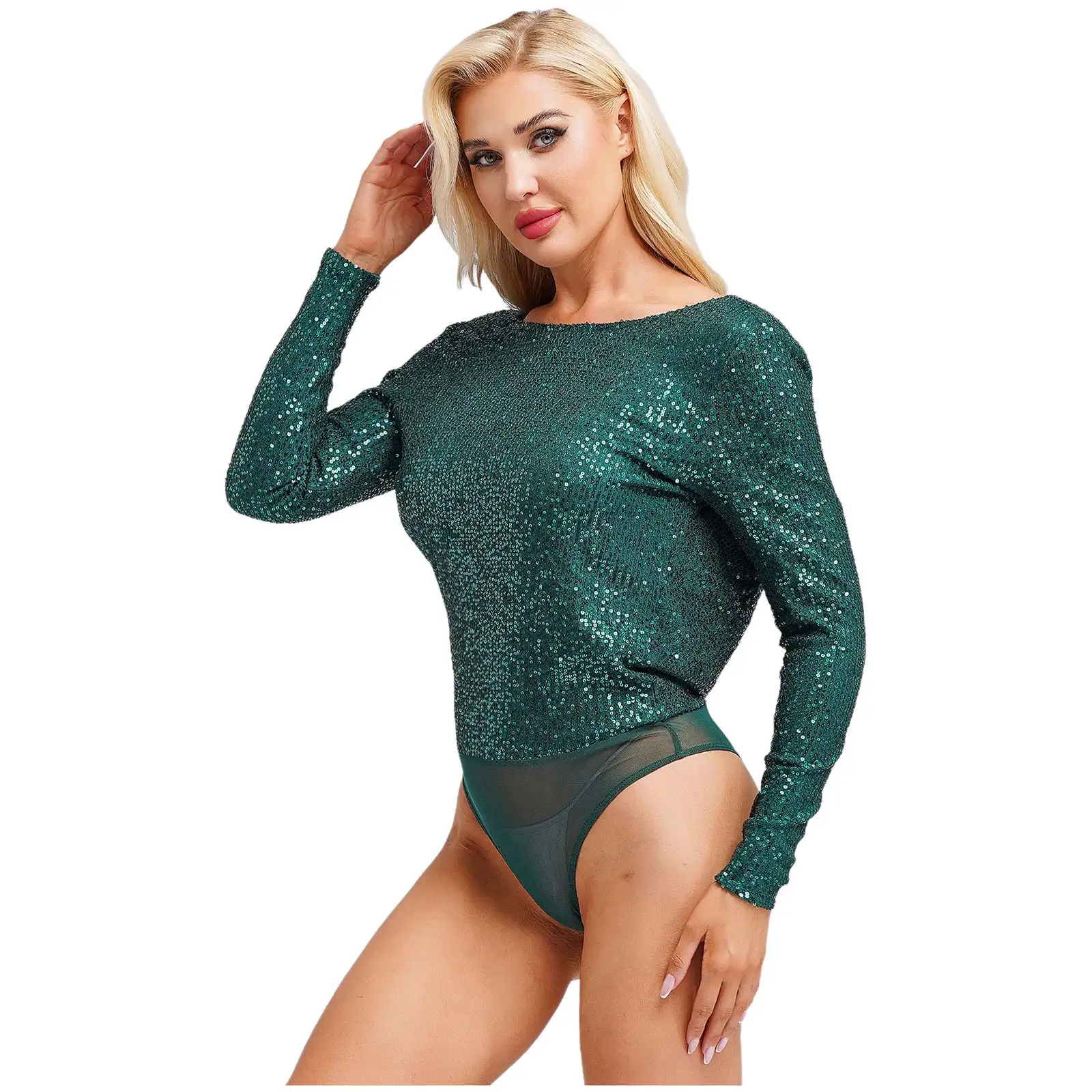 Women Sexy Draped Cowl Back Bodycon Bodysuit Sparkle Sequin Long Sleeve Crotch Press Button Leotard Jumpsuit for Rave Club Party