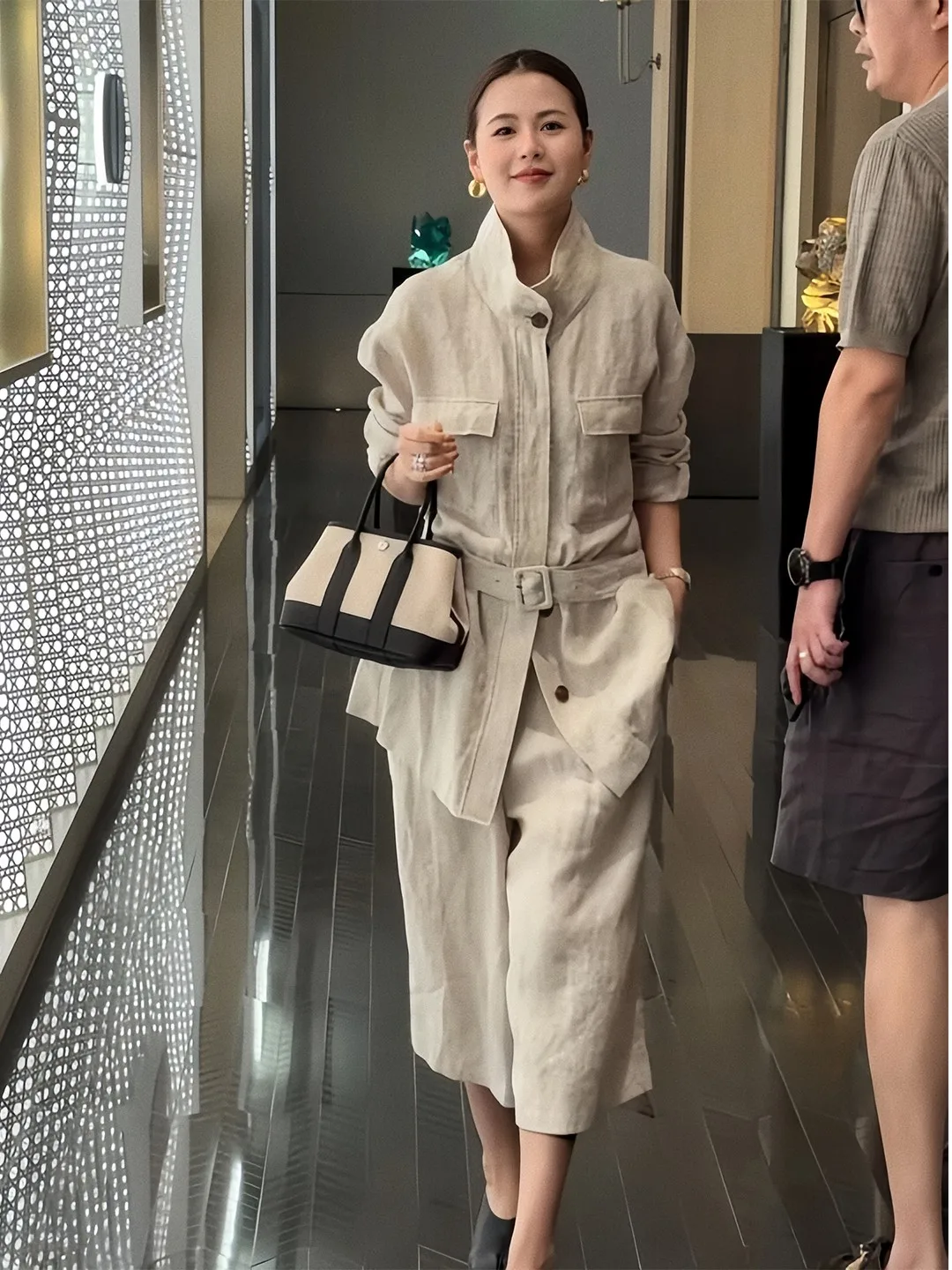 Women's Linen Shirt Tie Waist Commute Workwear Jacket Six-Piece Pants Two-Piece Set Casual Style Mid-Length Loose Fit