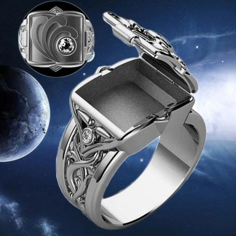 Unique Creative Style Domineering Arabesque Flip-top Locket Ring Secret Small Room Lid Ring for Men Women Party Jewelry