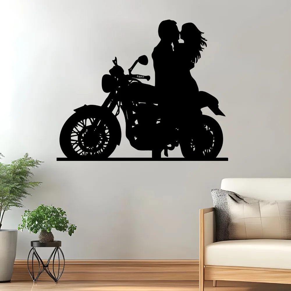 1pc Romantic Couple Motorcycle Metal Wall Art, Elegant Iron Rider Statue Weatherproof for Indoor Outdoor, Valentine Wedding Anni view 3