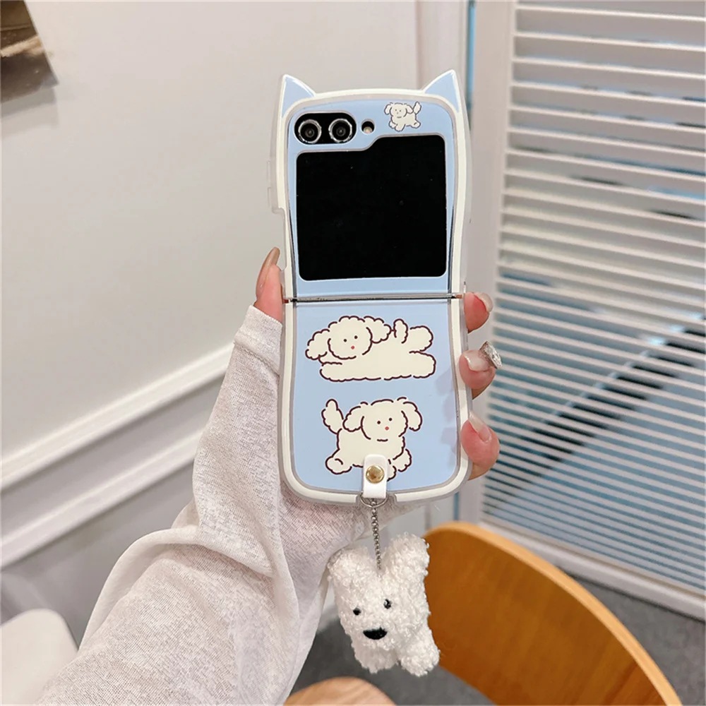 

Cute Cartoon puppy Bracelet Case for Samsung Galaxy Z Flip 5 4 3 Mirror Wrist Chain Shockproof Cover for Samsung Flip5