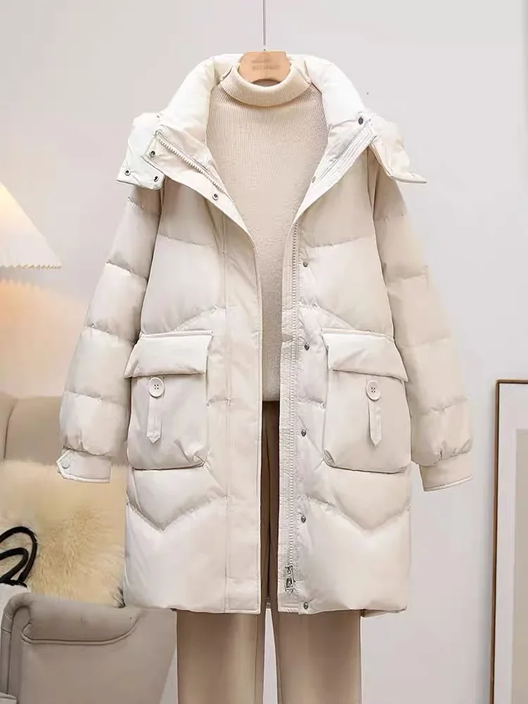 Chaqueta de plumón de longitud media con capucha de invierno impermeable con bolsillo grande Parker prendas de vestir para mujer chaquetas de plumón con cremallera de pato blanco JJ1110