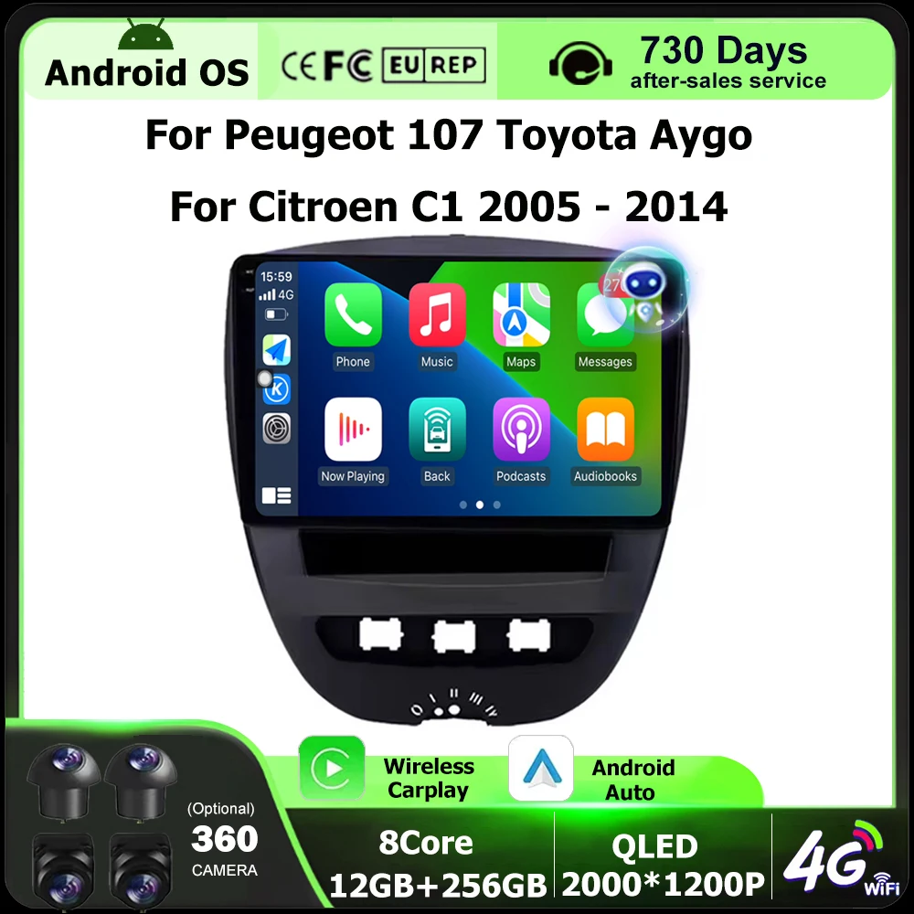 

Android 16 Auto For Peugeot 107 Toyota Aygo Citroen C1 2005-2014 Car Multimedia Player Stereo GPS Navigation Carplay 4G BT DSP