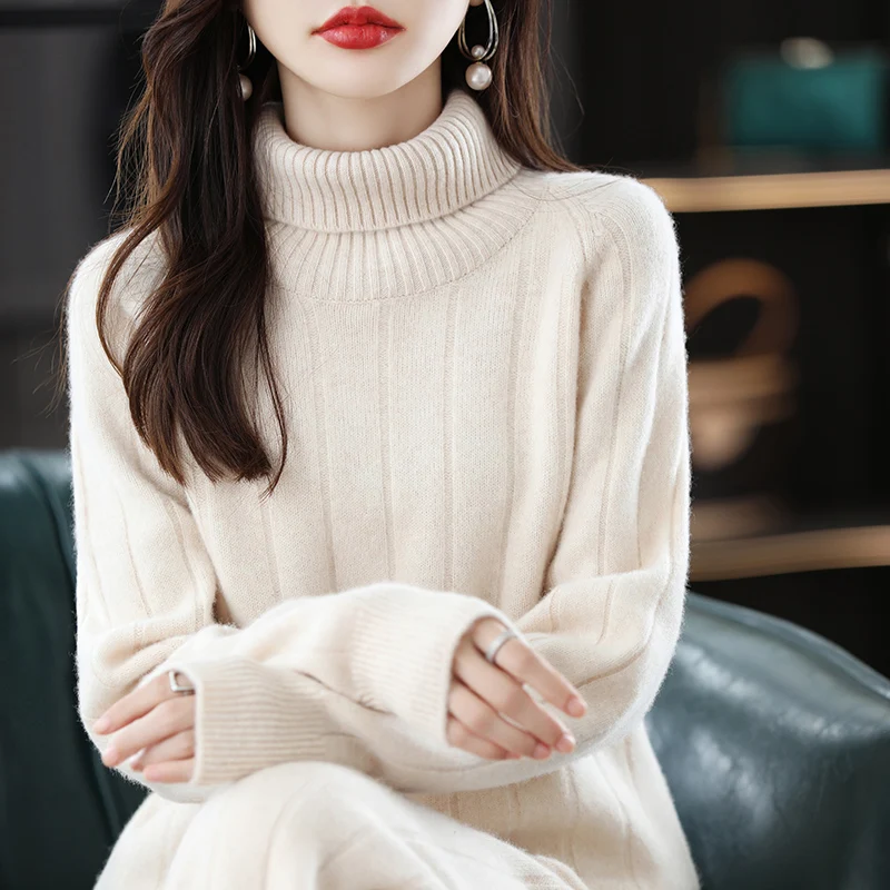 

Suit 2024 Hot Sale Ladies Long Sleeve Turtleneck Cashmere Sweater Casual Knit Loose Wide Leg Pants Women 100% Pure Wool Suit