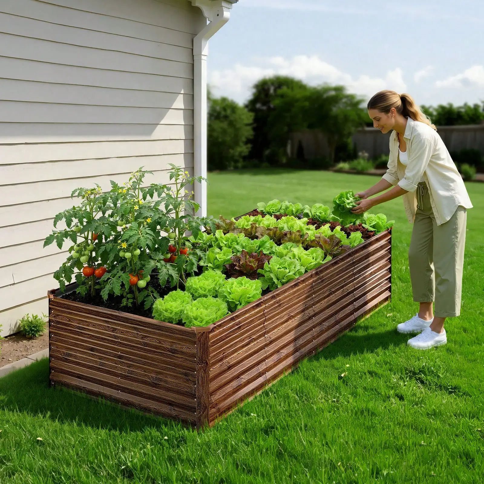 Galvanized Raised Garden Bed, 8 X 4 X 2 Ft, Rectangular Metal Planter Box Kit Outdoor, Bottomless Elevated Planting Box With Gloves, Alu-Zinc, For Growing Flowers Vegetables, Deep Wood GrainGardening Pots, Planters & Accessories