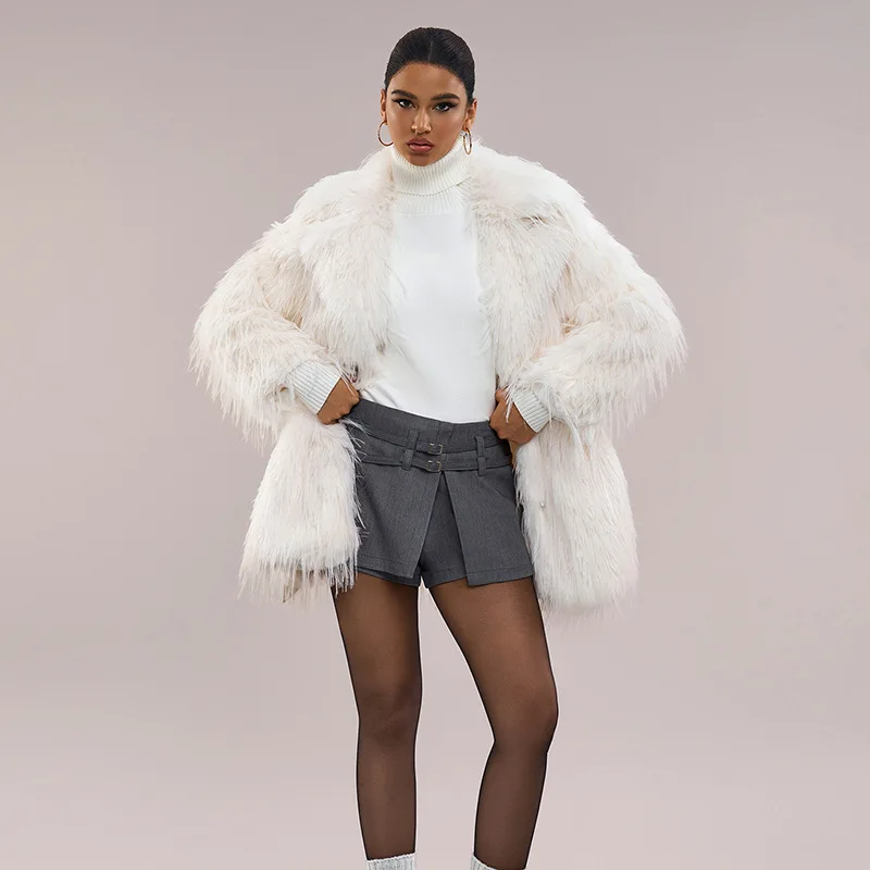 Casaco Toka Imitation Fox Fur para Mulher, Cinto, Moda Outono e Inverno