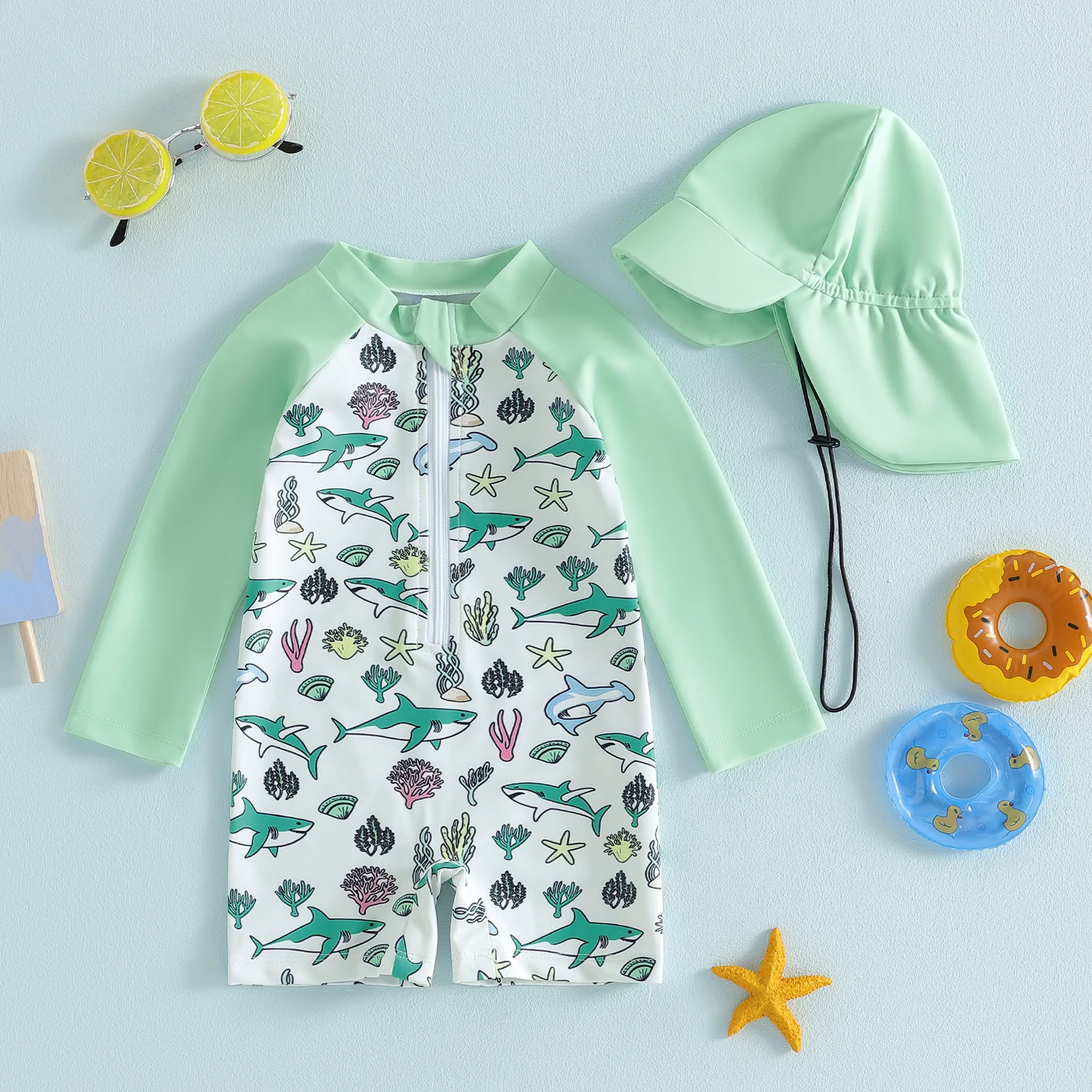 Toddler Boy Rash Guard Swimsuits Adorable Ocean Life Print Long Sleeve Round Neck Jumpsuit and Hat Set for Pool Beach