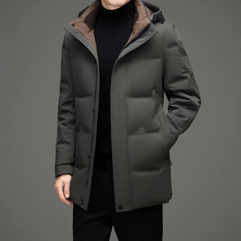 Hooded Duck Down Jacket 2025 Business Casual Winter Warm Hat Detachable Mid-Length Puffer Coat Outwear Windproof Padded Clothing