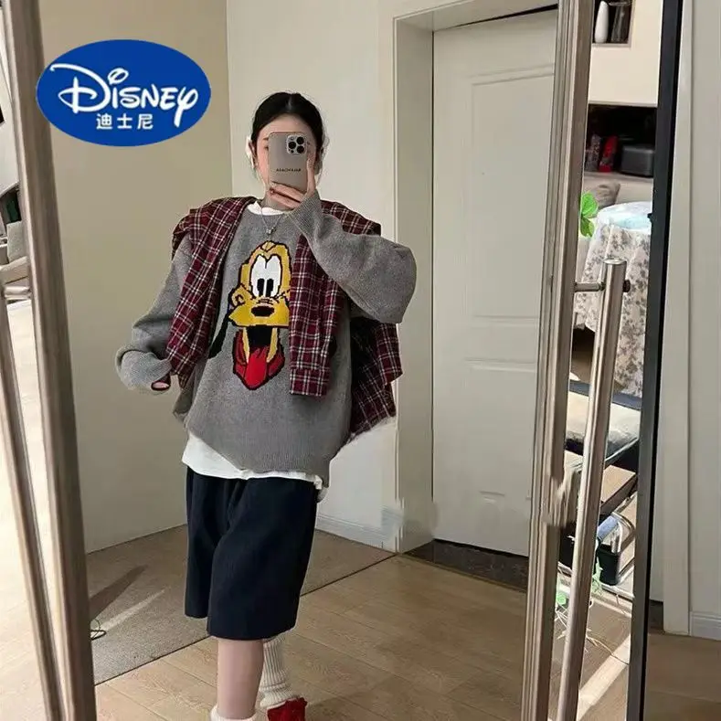 

Disney 2025 Cartoon Print Sweater, Color Block Raglan Sleeve Knit, Round Neck Long Sleeve Jumper