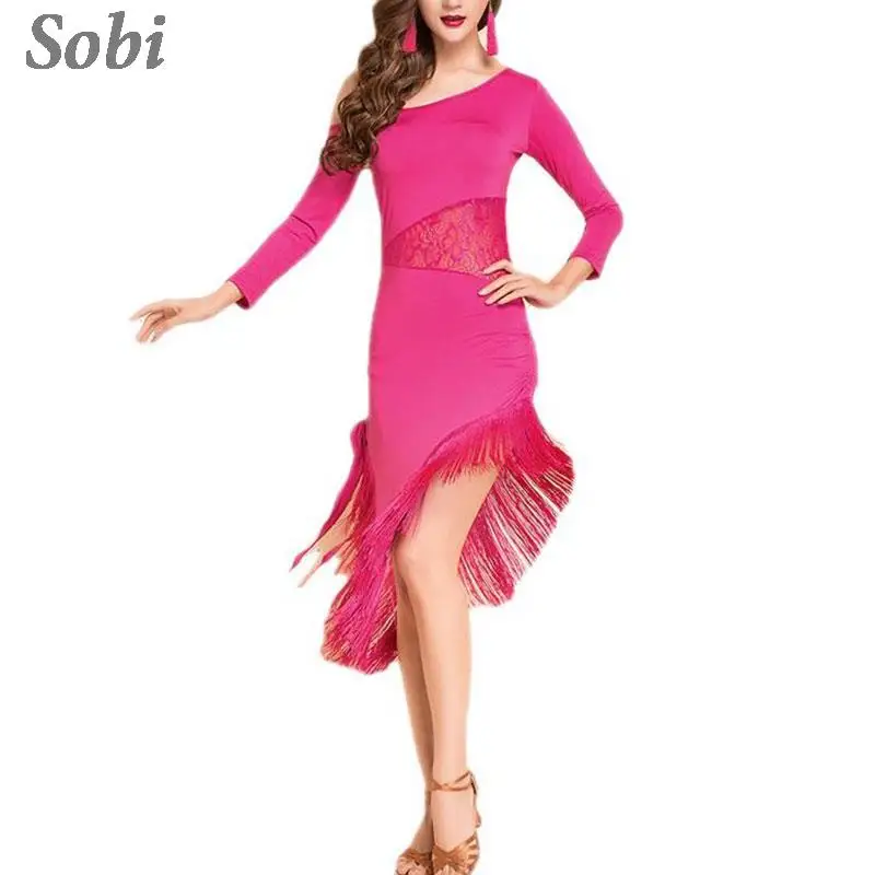 New Latin Dance Dress Sexy Mesh Stretchy One-piece Latin Dress for Women Long-Sleeve Tassel Ballroom Tango Cha Cha Rumba Costume