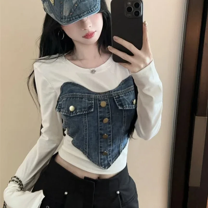 

Korean Version Love Denim Patchwork Long Sleeved T-shirt for Spicy Girls Short Top for Women