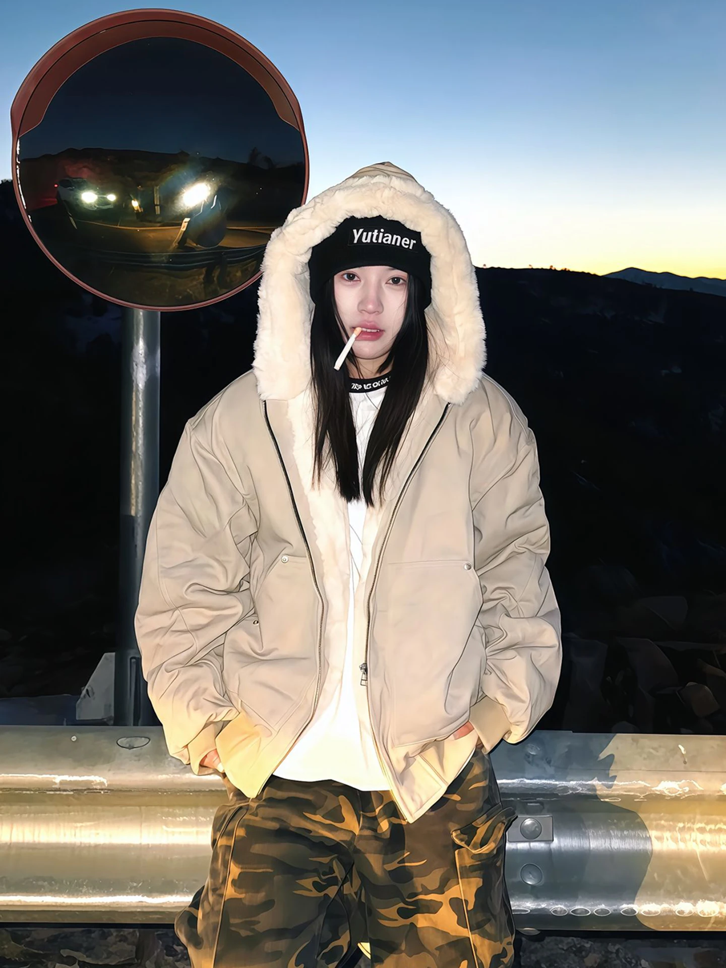 レトロアメリカンファージャケット男性女性綿コート大理石の毛皮の襟付きフード付き秋冬暖かいスタンドフィットジーンズジャケット