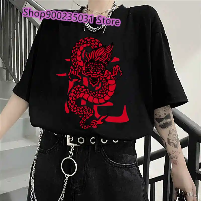 Women’s Clothing Red Chinese Dragon Short Sleeve Summer Tops T-Shirt Harajuku Retro Print Round Neck Short-Sleeved Drop,ship