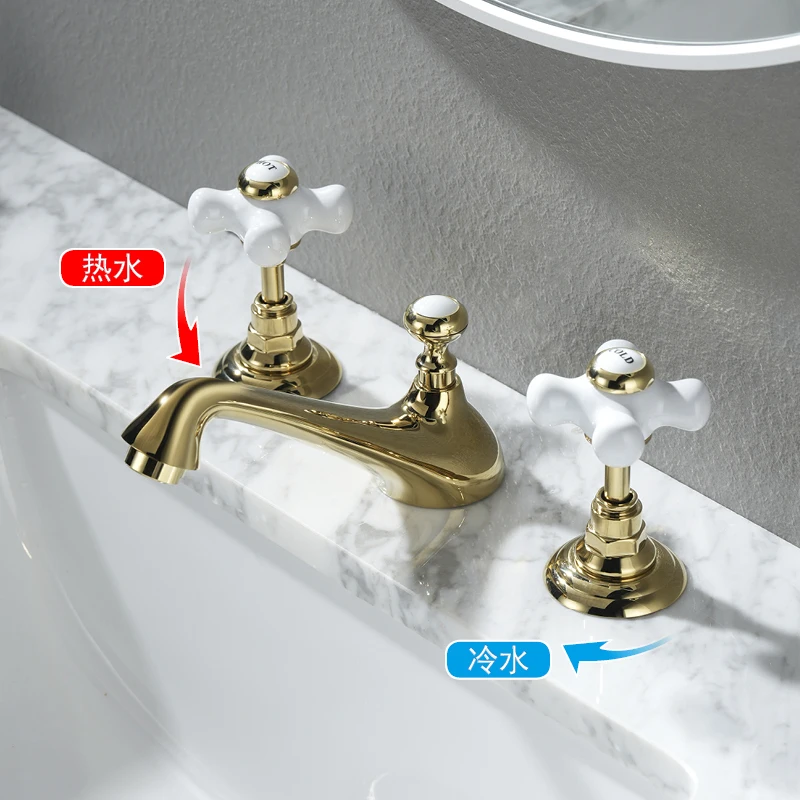 Bathroom Sink Faucet 3-Hole Cross Double Handle Faucet Bathroom Bathtub Wash Basin Hot and Cold Mixer Faucet Gold