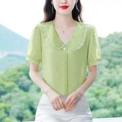 Women Summer Simplicity Fashion Loose Solid Color Peter Pan Collar Short Sleeve Chiffon Shirts Ladies Casual Appear Thin Tops