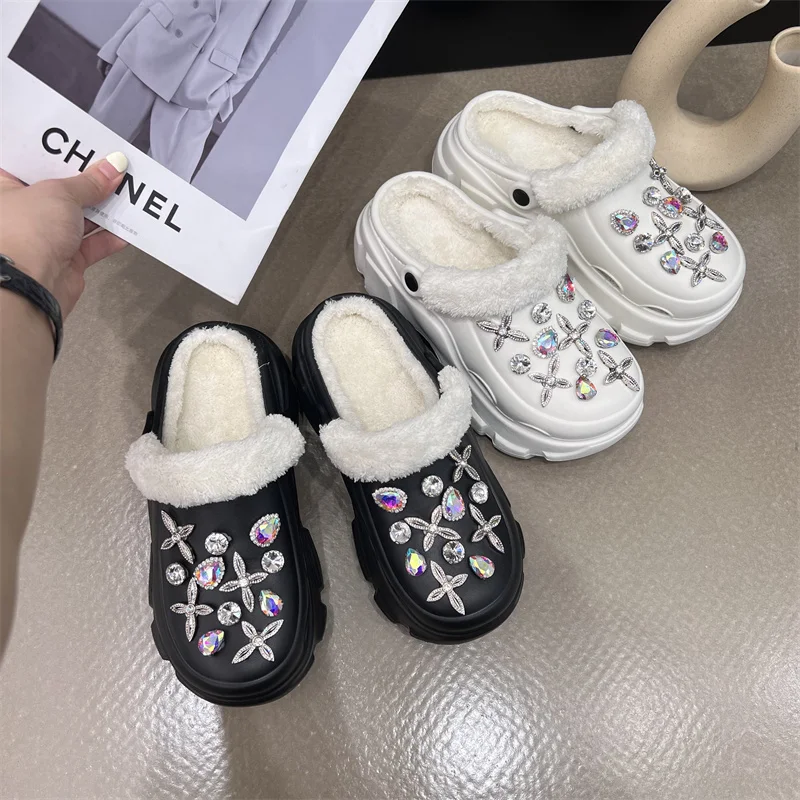 

Summer Women Slipper Platform Rhinestone Fittings Wool Leather Mules Creative Casual Party Shoes For Women Female Outdoor Slides