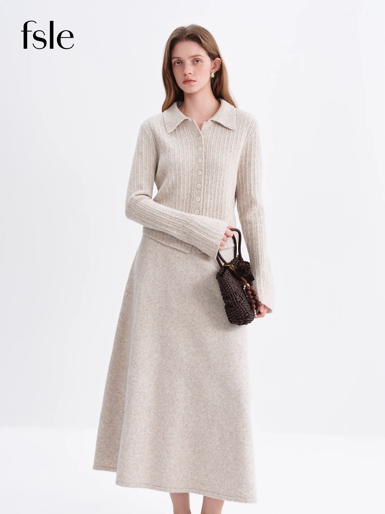 FSLE Two-piece Set of Women's Winter Elegant Style Turn Down Collar Slimming Flared Sleeve Knit Top Mid-calf Length A-line Skirt