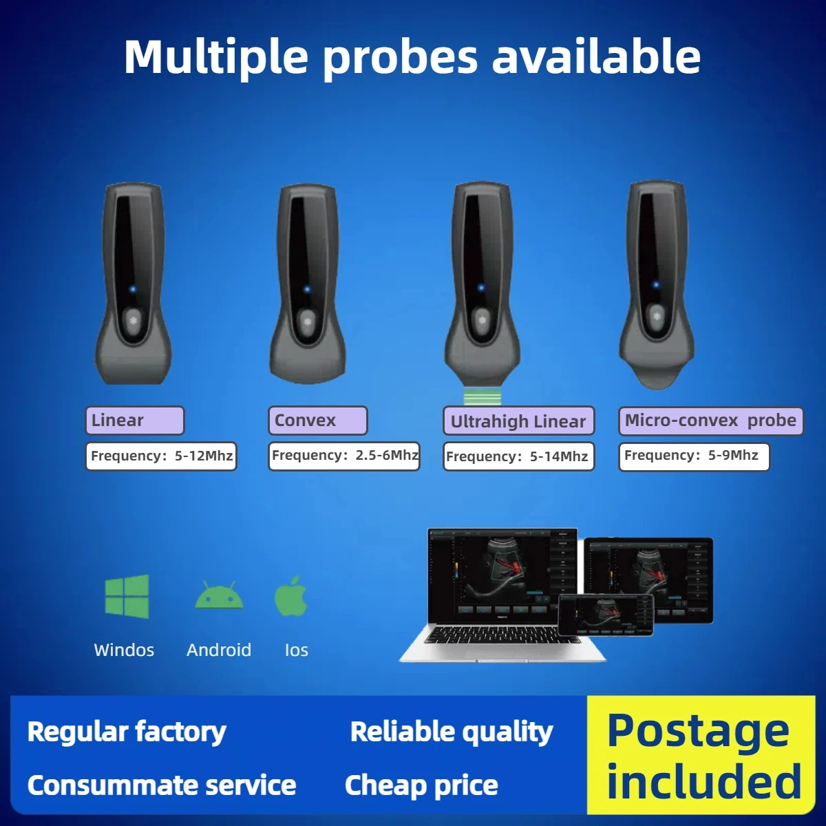 Ecógrafo Doppler inalámbrico de mano con sondas convexas/lineales/phasado, múltiples sondas disponibles, conexión WiFi