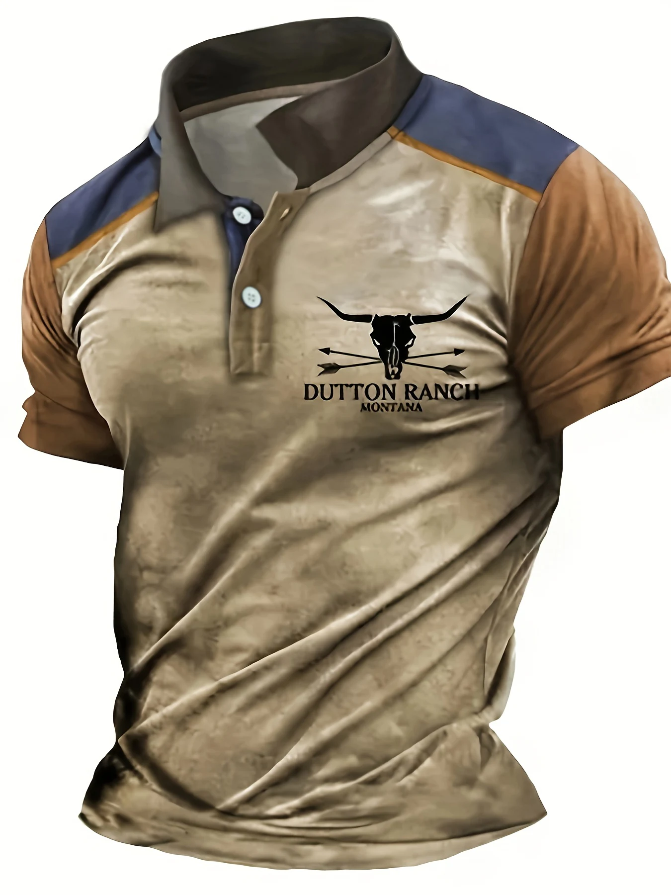 

Retro Spliced Lapel Short-Sleeved Shirt Dayton Ranch Print Fashionable Spring and Summer Casual Style