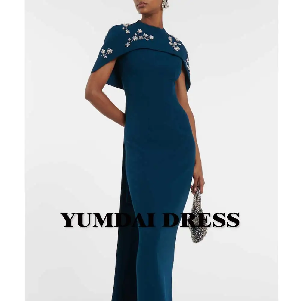 YUMDAI Gorgeous Smock Cape Evening Dress Lake Blue Arabian Crepe Ball Gown Ladies Fall Long Mom Dress Occasion Formal Dress