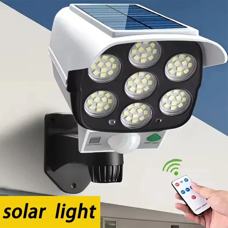 

1-4 шт. 77 светодиодов, солнечная лампа с датчиком движения, имитация камеры, беспроводной прожектор, водонепроницаемый светильник для дома и сада