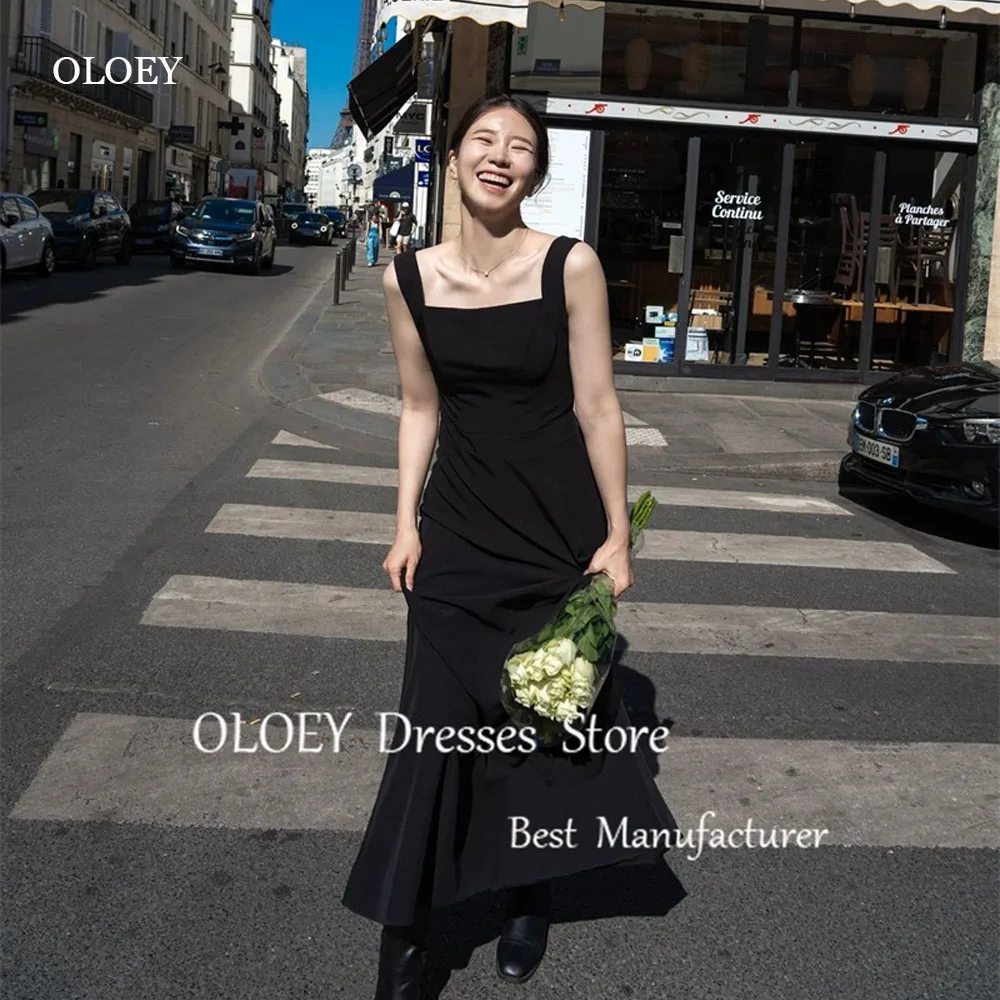 

OLOEY Simple Black Evening Dresses Korea Wedding Photoshoot Wide Straps Square Neck Floor Length Formal Party Dress Soft Satin