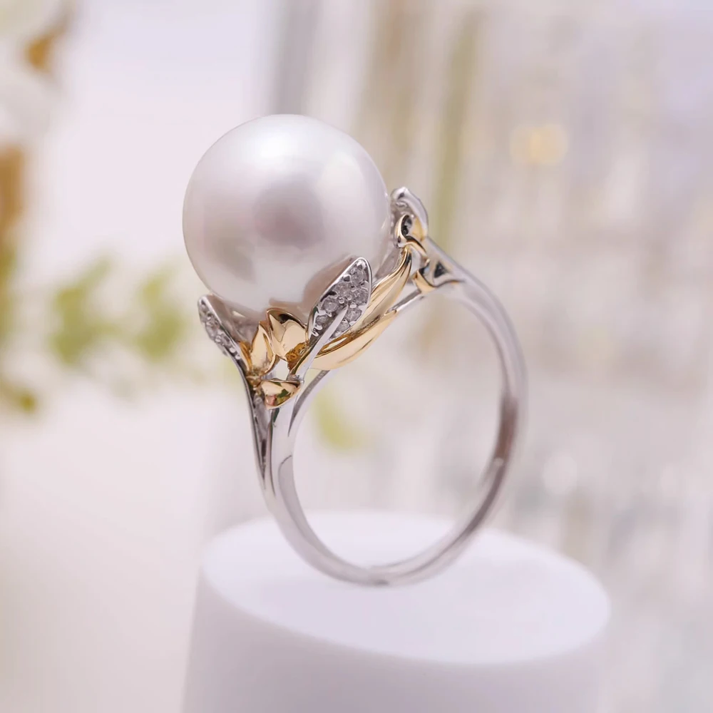 MeiBaPJ 11mm Natural Big Round Pearl Fashion Flower Ring DIY 925 Silver Empty Ring Setting Fine Wedding Jewelry for Women