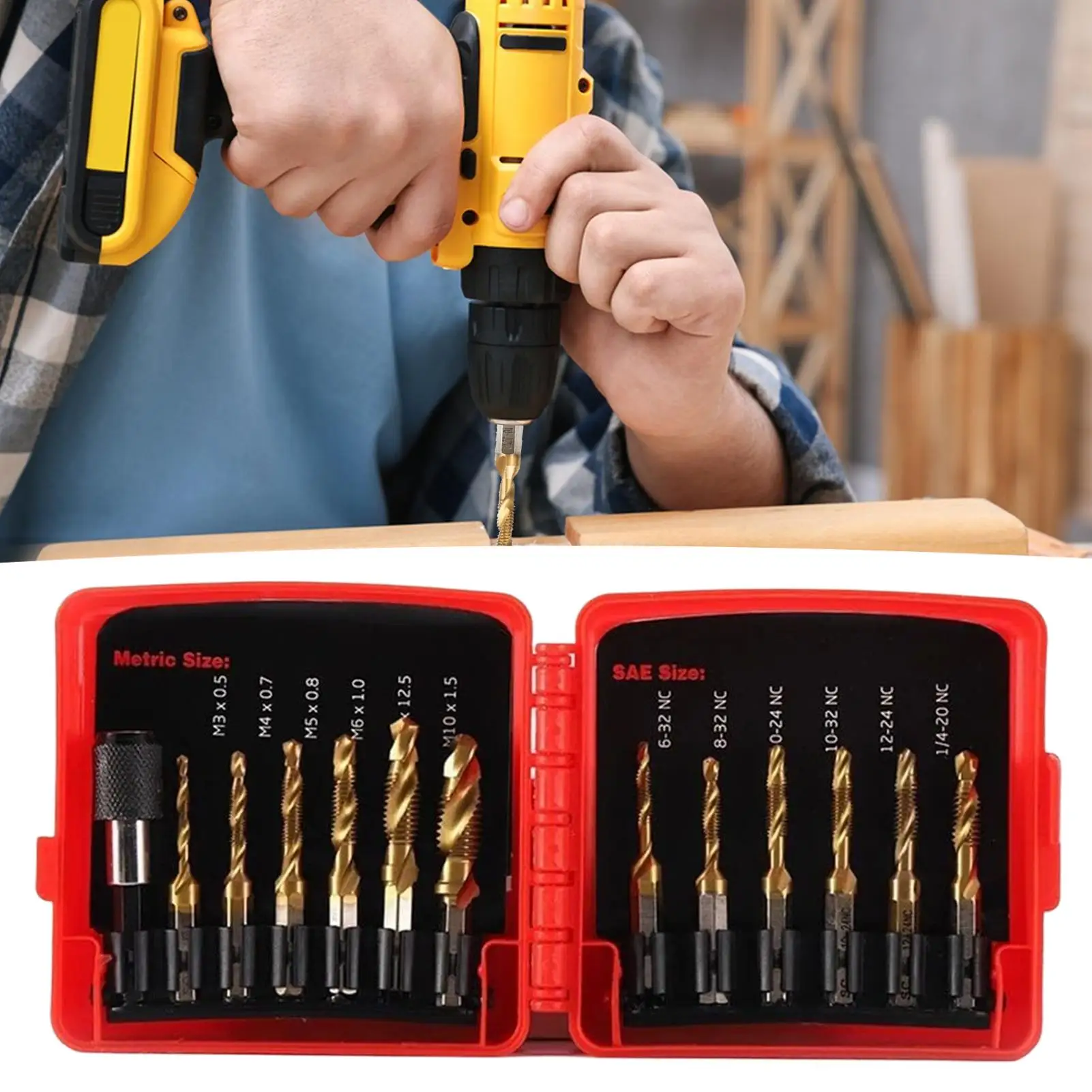 Combination Drill Tap Bit Set 13 Pieces Titanium Power Tool Accessories Metric Tap Drill Bit Set for Deburring Countersinking