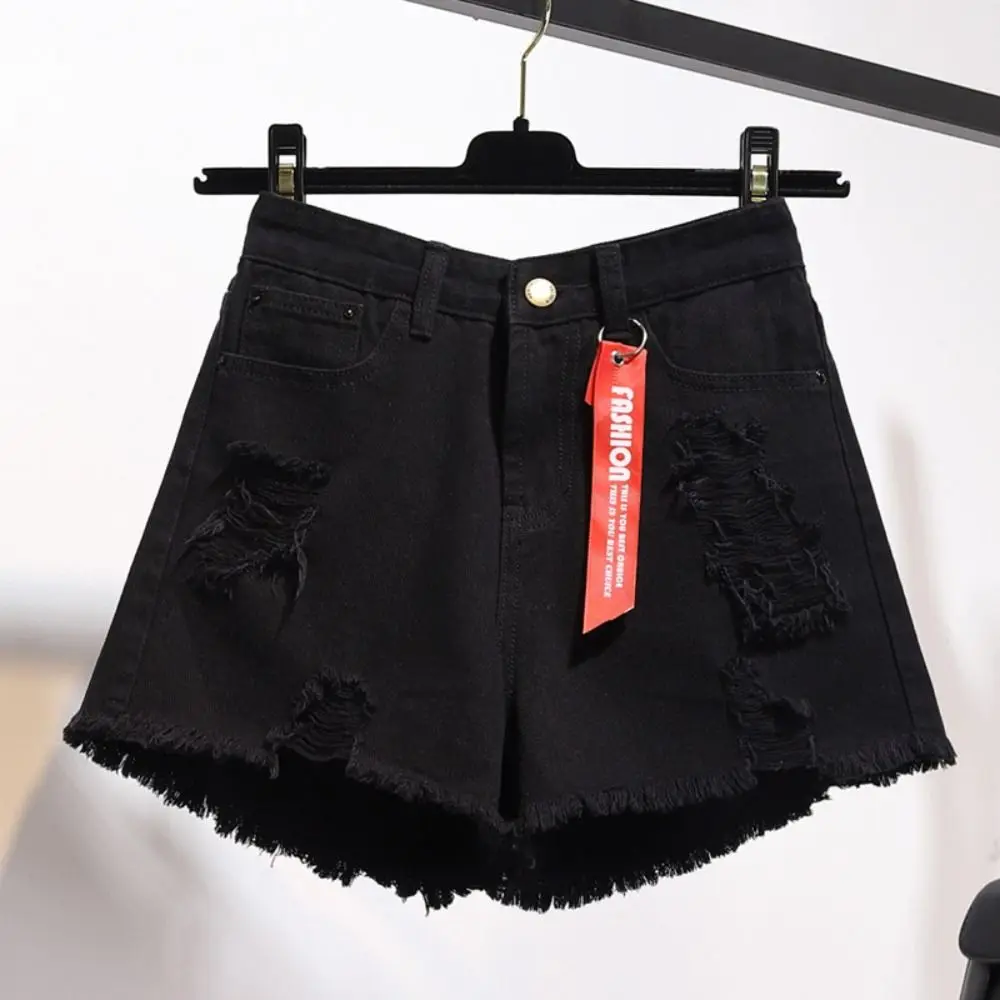 

Ripped Jean Shorts Trendy High Waisted All-match Denim Shorts Tassel Frayed Raw Hem Distressed Short Women