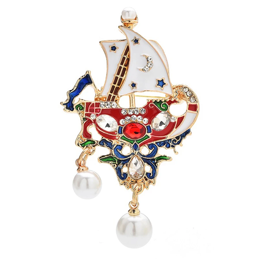 Charming Sailboat Brooches For Women Men Retro Pearl Enamel Lovely Boat Party Office Brooch Pins Gifts