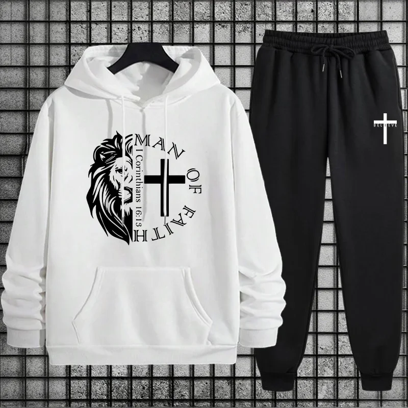 Tracksuit for Men Fall Winter Home Outdoor Comfort Casual Warm Sweatshirt Outfit Jesus Christ Hoodie + Sweatpants Men's Clothes