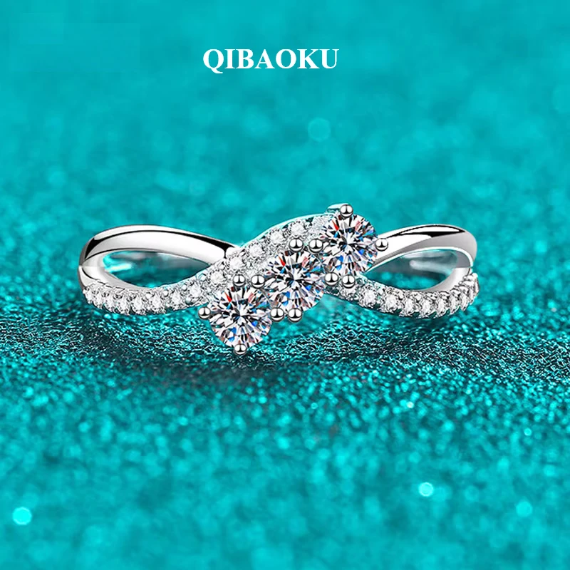 QIBAOKU Real S925 Sterling Silver Moissanite Ring for Women 3 Stone Twisted Halo Gift for Her D Color VVS1 Dainty Jewelry 2026