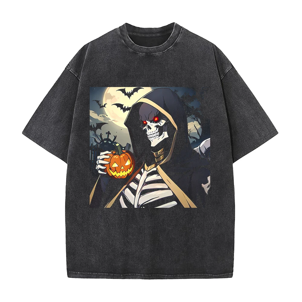 Ainz Ooal Gown Halloween Print T-shirt Anime Overlord Clothing Men Women Cotton Tshirts Retro Washed T Shirt Harajuku Street Top