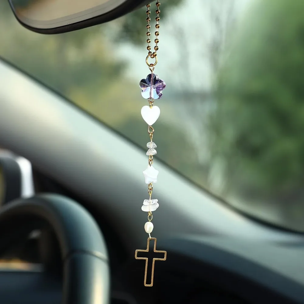 Hollow Cross Car Hanging Ornament Shell Heart Star Flower Crystal Key Chains for Women Rearview Mirror Interior Decor Jewelry